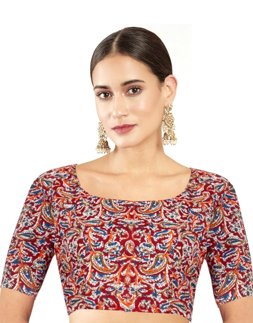 Chandrakala Cotton Printed Blouses for Women Sarees, Elbow Sleeves Ajrakh Print Crop top Choli M