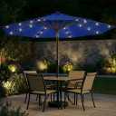 11FT Solar Patio Umbrella with Lights, Outdoor Table Market Umbrella with 32 LED Lights, 8 Sturdy Ribs, Smooth Crank Lift for Pool, Deck and Garden, UV-Resistant, Blue