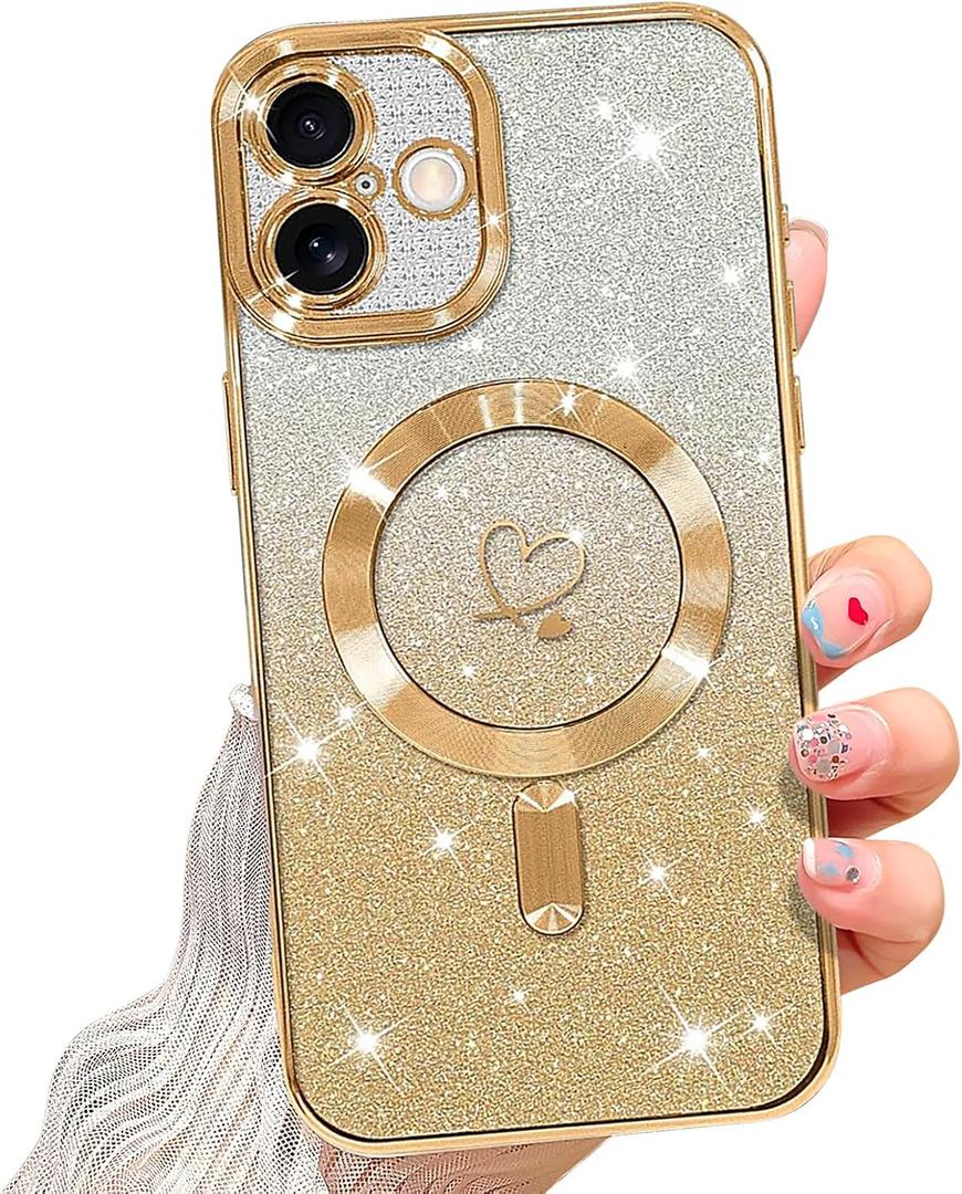 NITITOP Compatible with iPhone 16 Plus Case Cute Clear Glitter [Compatible for MagSafe] Plating Heart Sparkle Bling Magnetic Girl Women Electroplated Frame Camera Protection Back Cover - Gold