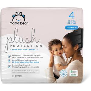 Amazon Brand - Mama Bear Plush Protection Diapers - Size 4, 36 Count, Hypoallergenic Premium Disposable Baby Diapers, White and Cloud Dreams