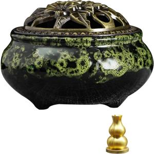 Ceramic Incense Burner with Lid, Bowl Burner Cone Incense Burner, Ceramic Censer Suitable for Incense/Cone/Coil/Sticks, There are 30 Incense Cones+ Metal Incense Holder+Fireproof Cotton Inside. (Mint Green)