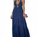 CORAMOON Women's Navy Summer Deep V-Neck Spaghetti Strap Flowy Casual Boho Sun Dress for Beach, Vacation (US, Alpha, Small, Regular, Regular, Navy) (Blue, S)
