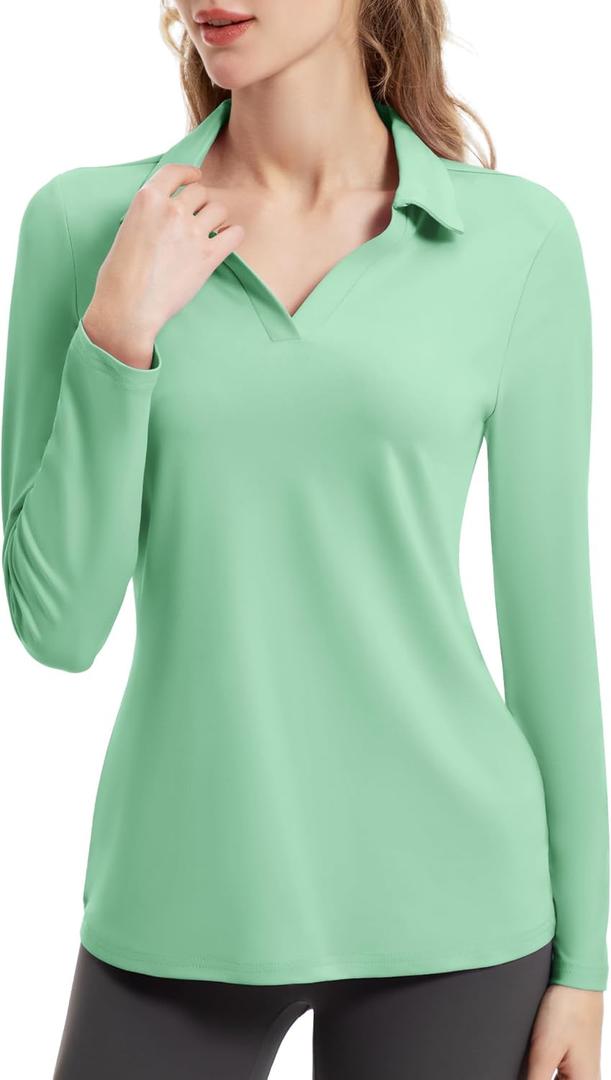 FKEEP Women's Tennis Golf Shirt Long Sleeved Top Sport Activewear V-Neck Workout Athletic (XX-Large, 13 Mint Green)