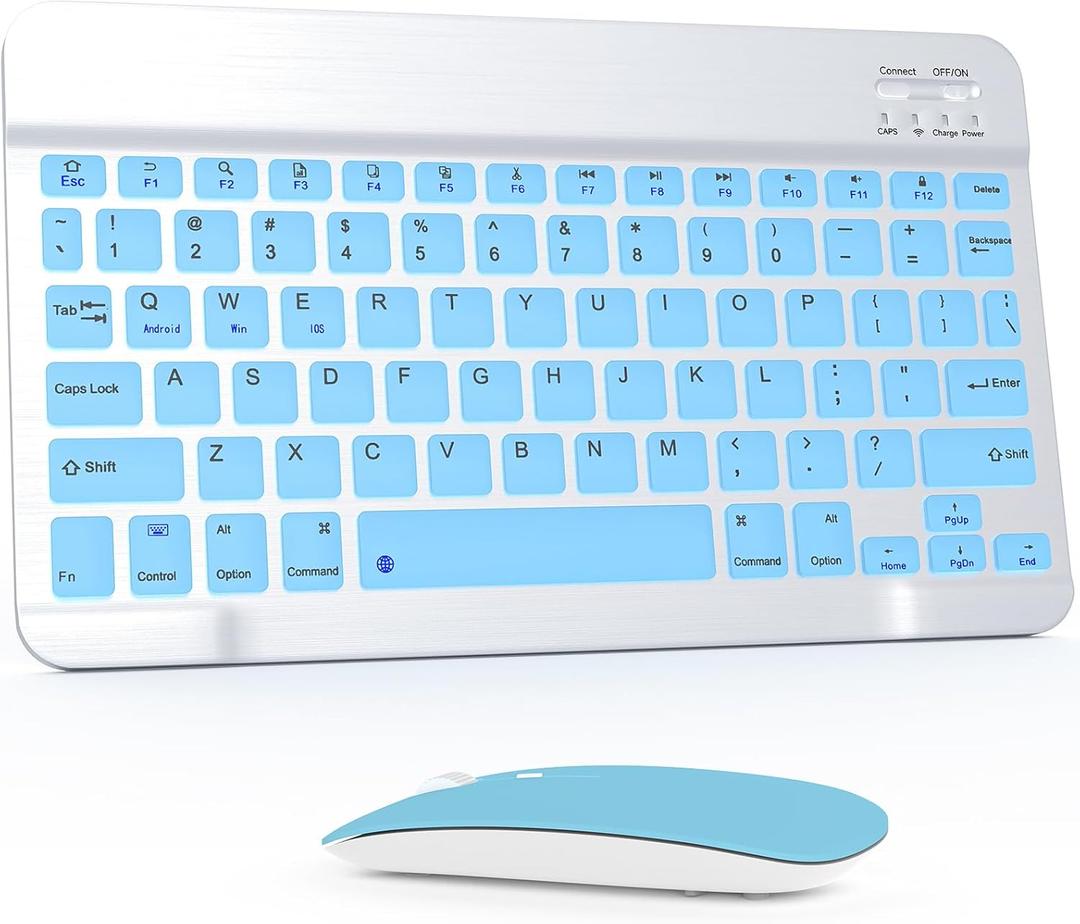 Bluetooth Keyboard and Mouse Combo, Qwert Layout Universal Ultra-Slim Wireless Keyboard Mouse Set for Android Windows iPad iPhone Samsung Tablet Portable Compact Keyboard Set, Light Blue
