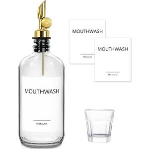 Mouthwash Dispenser for Bathroom, Glass Mouthwash Dispenser with Cup, Mouth Wash Container Bottle with Cup, Refillable Mouthwash Decanter, Clear, 1 Pack, 17oz