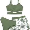 Girls Swimsuit 3 Piece Bathing Suit Criss Cross Bikini Set Girls' Swimwear with Shorts 7-16T (13-14 Years, Green)