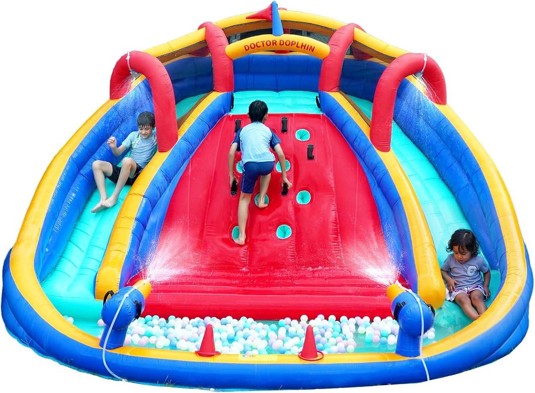 Inflatable Water Double Slides Park, Bounce House with Splash Pool, Large Blow Up Water Slide for Kids with Climbing Wall, Durable Design Backyard Play Park, Quick Setup (Dry/Wet Use)