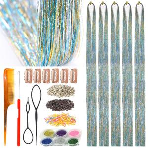 Rainbow Hair Tinsel,Ice Crystal Effect,Single Strands Gold Silver Blue Mixed Colors,5 PCs 48 Inch,Heat Resistant, Highlights Sparkling Glitter Fairy Hair Extensions for Kids Girls (Boxed)