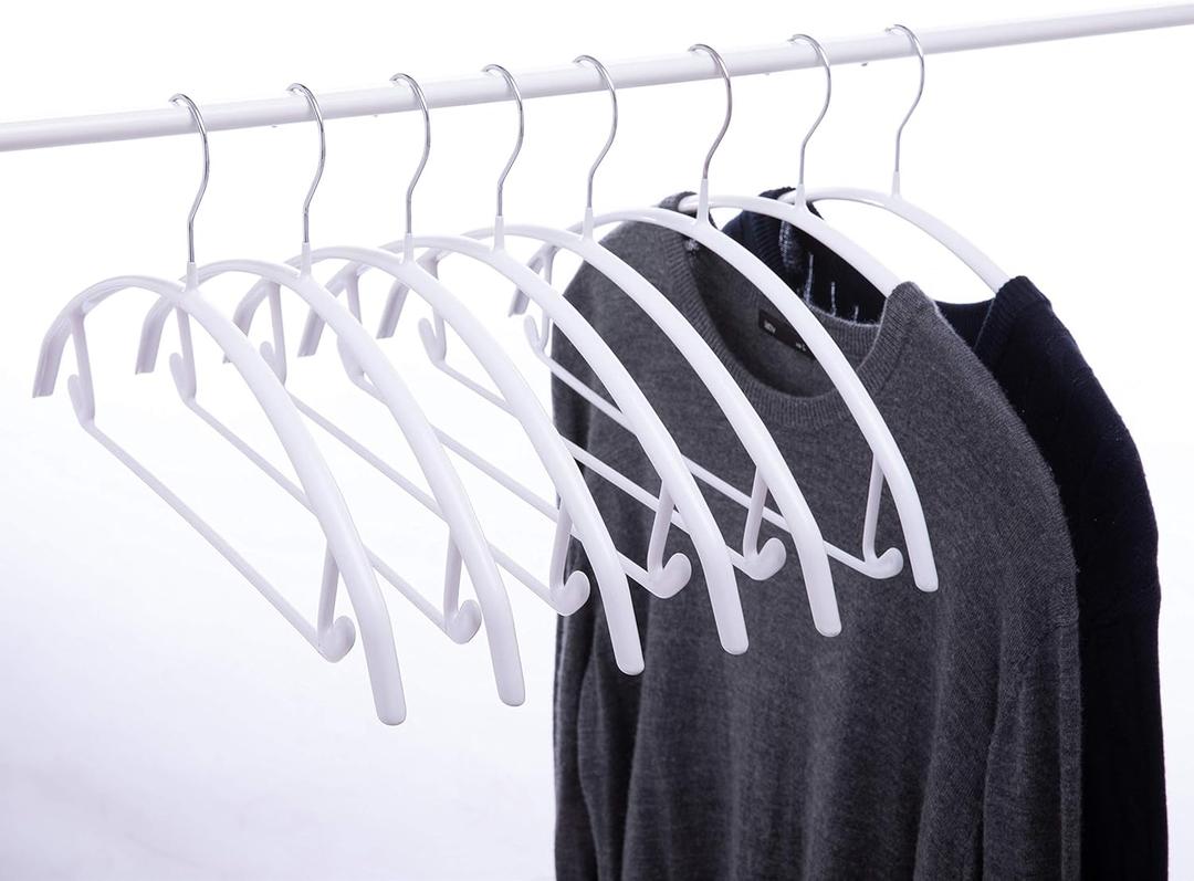 16.5 Inch Pack of 20 White No Shoulder Bumps Non-Slip Rubber Coating Contour Metal Hangers, Sweater Hanger, Suit Hanger with Pants Bar