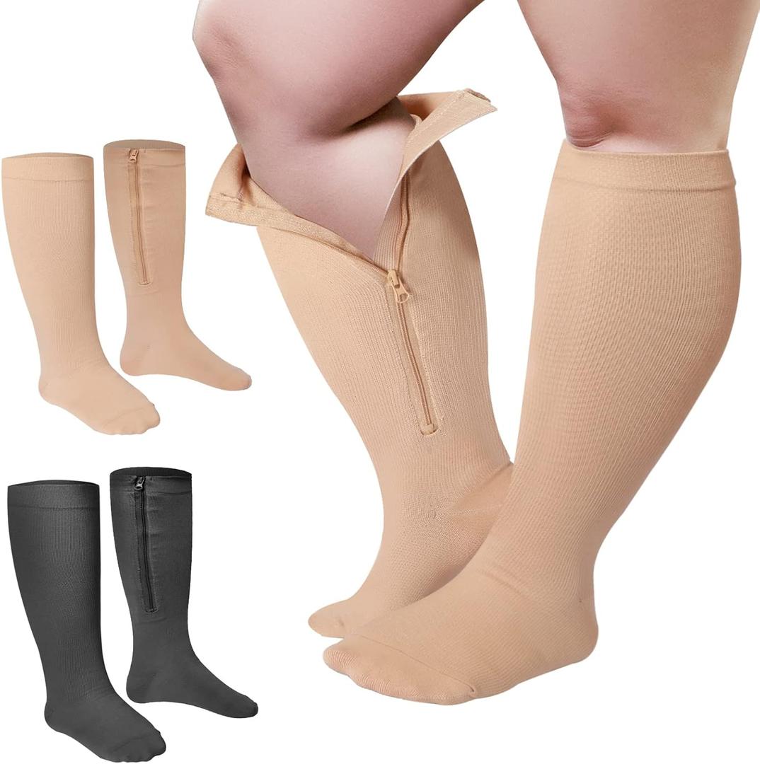 2 Pair Wide Plus Size Calf Compression Socks with Zipper for Overweight Women Men 15 to 25 MmHg (X-Large, Black, Beige)
