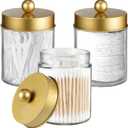 3PC Farmhouse Decor Qtip Holder Apothecary Jars Bathroom Vanity Storage Organizer -Countertop Canister Container &Cute Stickers for Cotton Swab,Ball,Pad,Floss,Paper Clips (Gold)