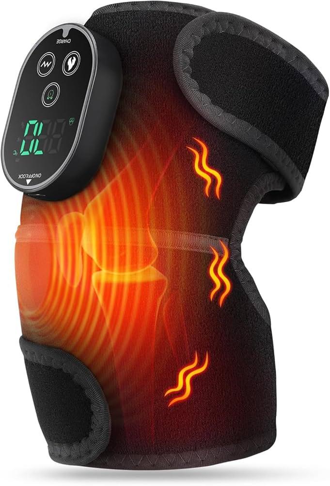Cordless Knee Massager for Pain Relief, Knee Heating Pad with Massager, Heating Knee Wraps for Joint, 6 Heatings, 3 Vibrations, 3 Timers, Adjustable Strap for Shoulder, Elbow, Knee