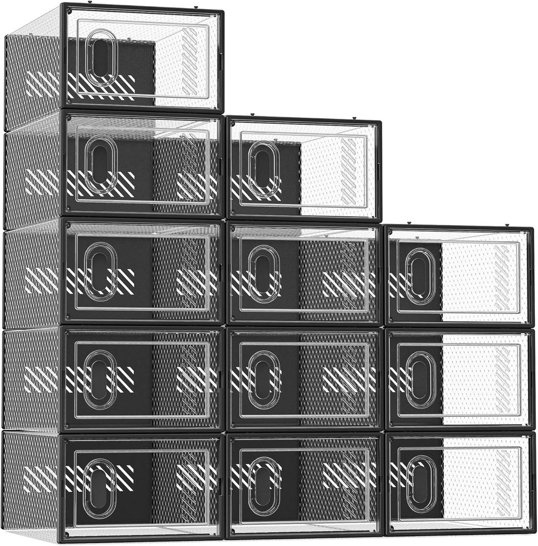 SIMPDIY Shoe Storage, 12 Pack Shoe Organizer for Closet, Shoe Boxes Clear Plastic Stackable Shoe Containers with Lids for Size 10, Black (Large)