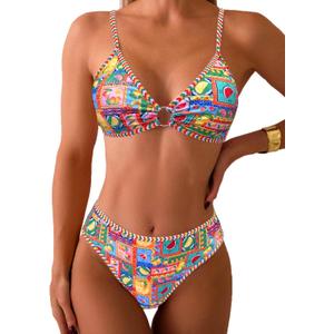 Fanuerg Women's Triangle Bikini Sets O Ring Linked Two Piece Swimsuits Floral Printed Cheeky Bathing Suit (Large)