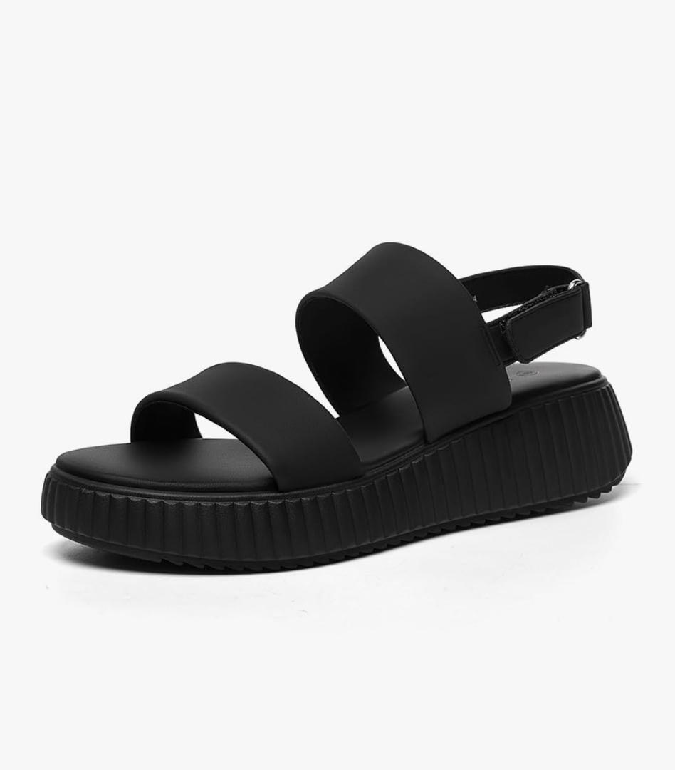 Rihero Women's Comfortable Walking Sandals Casual Summer Outdoor Open Toe Low Flatform Platform Wedge Sandals, Black, Size 8.5