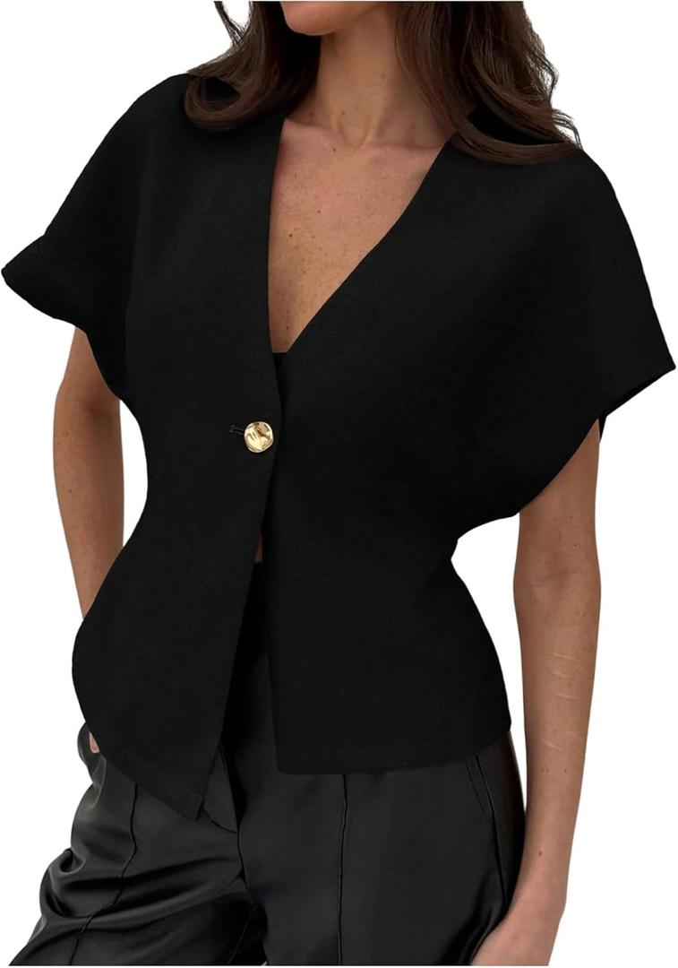 MakeMeChic Women's V Neck Blazer Top Single Button Short Sleeve Plain Office Suit Blazers (Black, S) MakeMeChic Women's V Neck Blazer Top Single Button Short Sleeve Plain Office Suit Blazers (Black, S)
