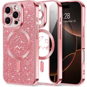 Hython for iPhone 16 Pro Case Glitter, Compatible with MagSafe Love Heart Magnetic Clear Phone Cases for Women Girls, Full Camera Protection Sparkle Shockproof Protective Cover, Shiny Pink