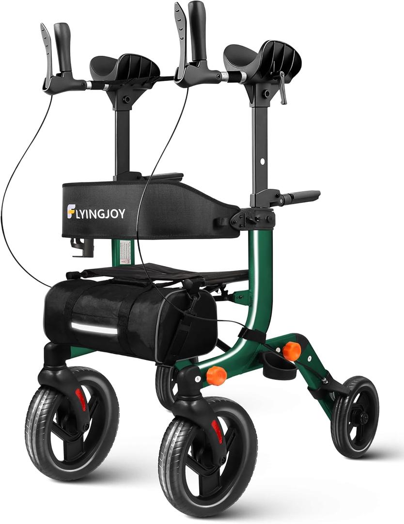 Lightweight Upright Rollator Walker All-Terrain Foldable with seat and Adjustable Height backrest, 300 lbs Capacity, 10" Front & 8" Rear Wheels for Seniors, Adults, bariatric, Includes Cane Holders
