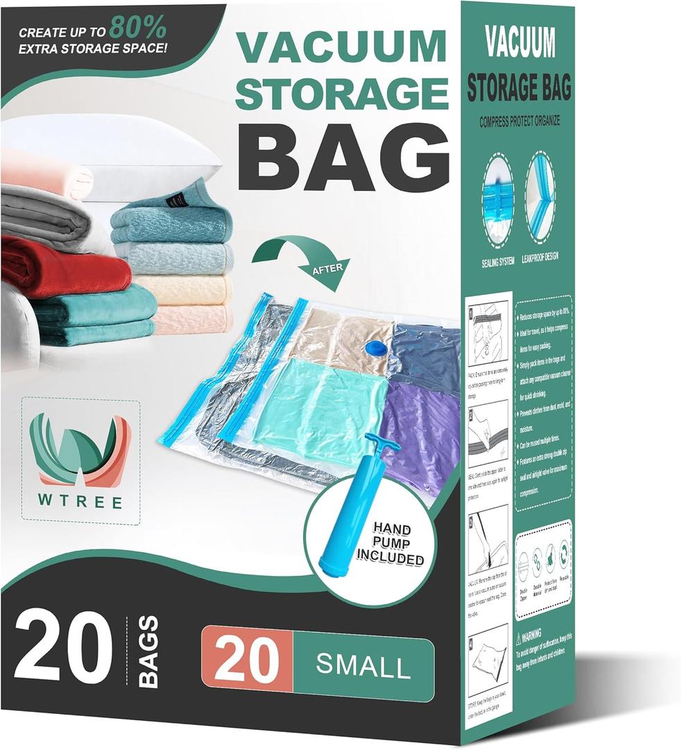 Vacuum Storage Bags, Space Saver Bags, Vacuum Sealed Bags for Comforters, Blankets, Clothes Storage, Hand Pump Included, 20-Small (Clear)