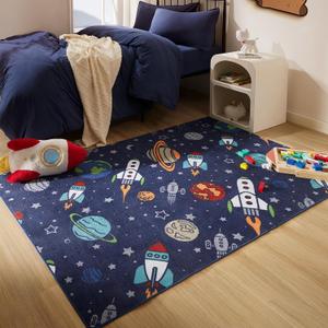SLEEP ZONE Kids Rugs for Playroom, Area Rugs for Boys Bedroom, Washable Nursery Carpet, Non Slip Rug Play Mat, Space Rocket Planet, 4X6 Feet