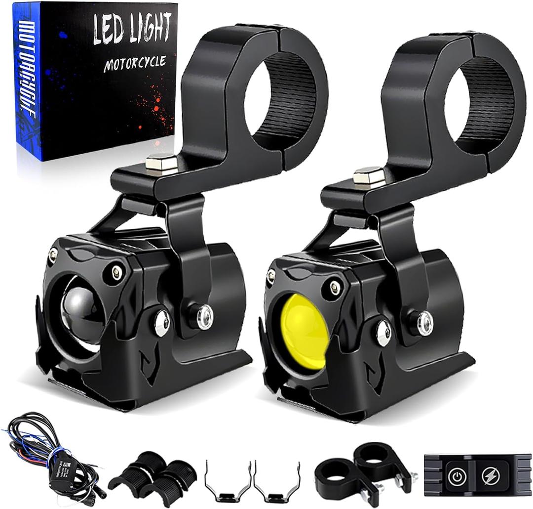 Motorcycle Lights LED Auxiliary Spotlights Driving Fog Light, with Mount Brackets 7 Modes White/Amber Dual Color Strobe Switchback for Motorcycle Electric Bike, 2PCS