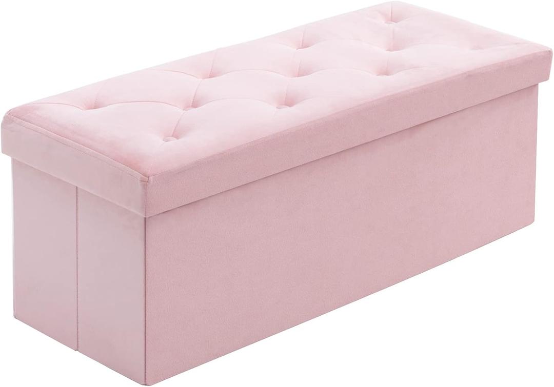 BRIAN & DANY 43 Inches Folding Storage Ottoman Bench, Velvet Ottoman with Storage for Living Room, Long Shoes Bench, Flannelette Footrest Benches Seat (Pink), 15.7"d X 43.3"w X 15.7"h