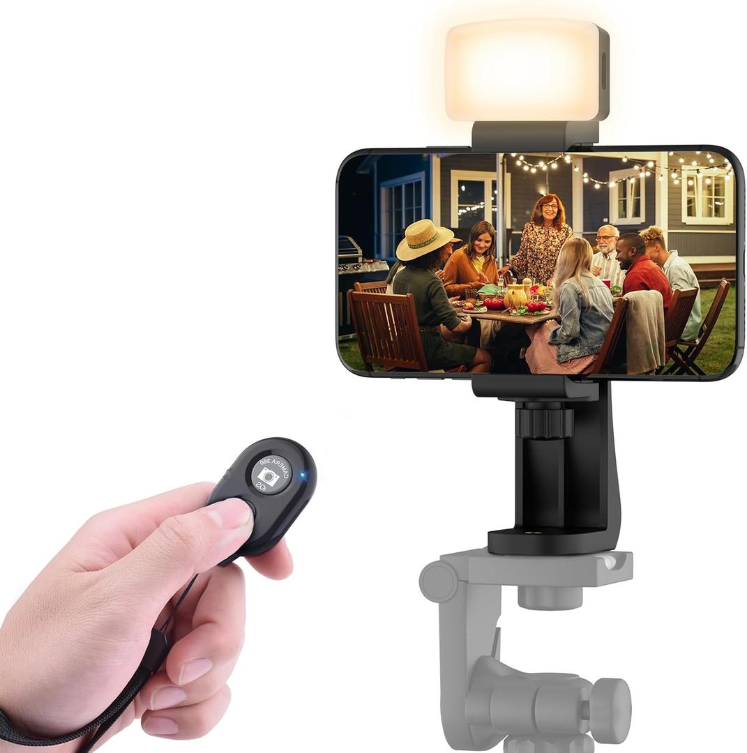 Universal Phone Tripod Mount Adapter with ireless Camera Remote and LED Light, Cell Phone Holder with Adjustable Clamp for Selfie Stick Monopod for iPhone, Samsung Wrist Strap Included
