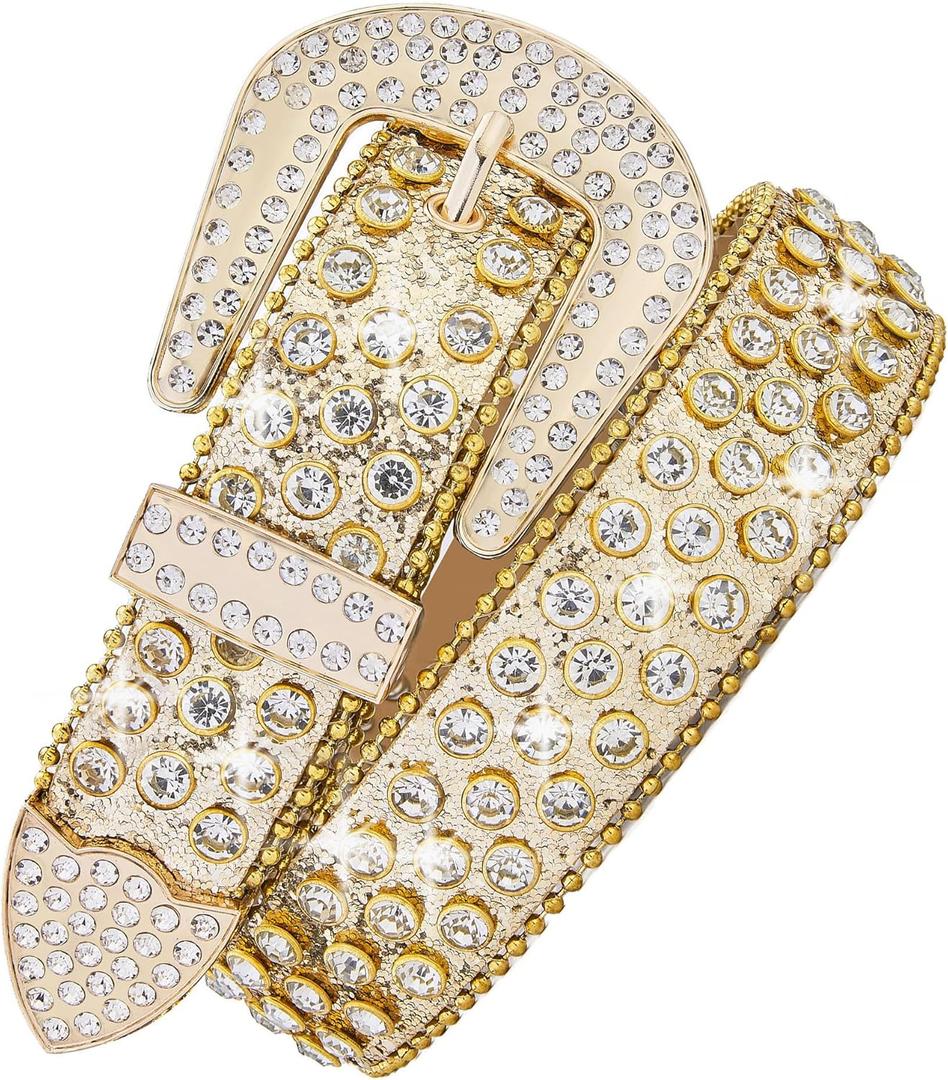 Men Fashion Rhinestone Belt Western Bling Studded Design Leather Diamond Belt for Jeans (Xl:fits waist size 43''-47'', Gold)