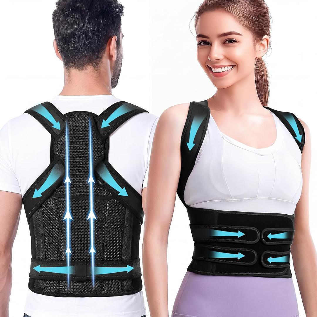 Posture Corrector for Men & Women, Full Back Support Brace, Adjustable Breathable Back Straightener with Resistance Band, Invisible Under Clothes for Office Work & Gym (Black, L)