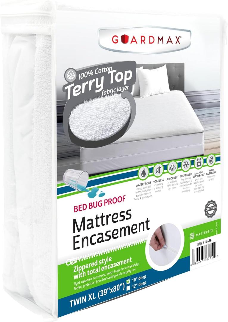 Guardmax Terry Cotton Twin XL Zippered Mattress Encasement - Waterproof & Bed Bug Proof Mattress Protector - Comfortable, Soft, and Noiseless Zippered Bedding - Dust Mite Proof (39 x 80 x 10)