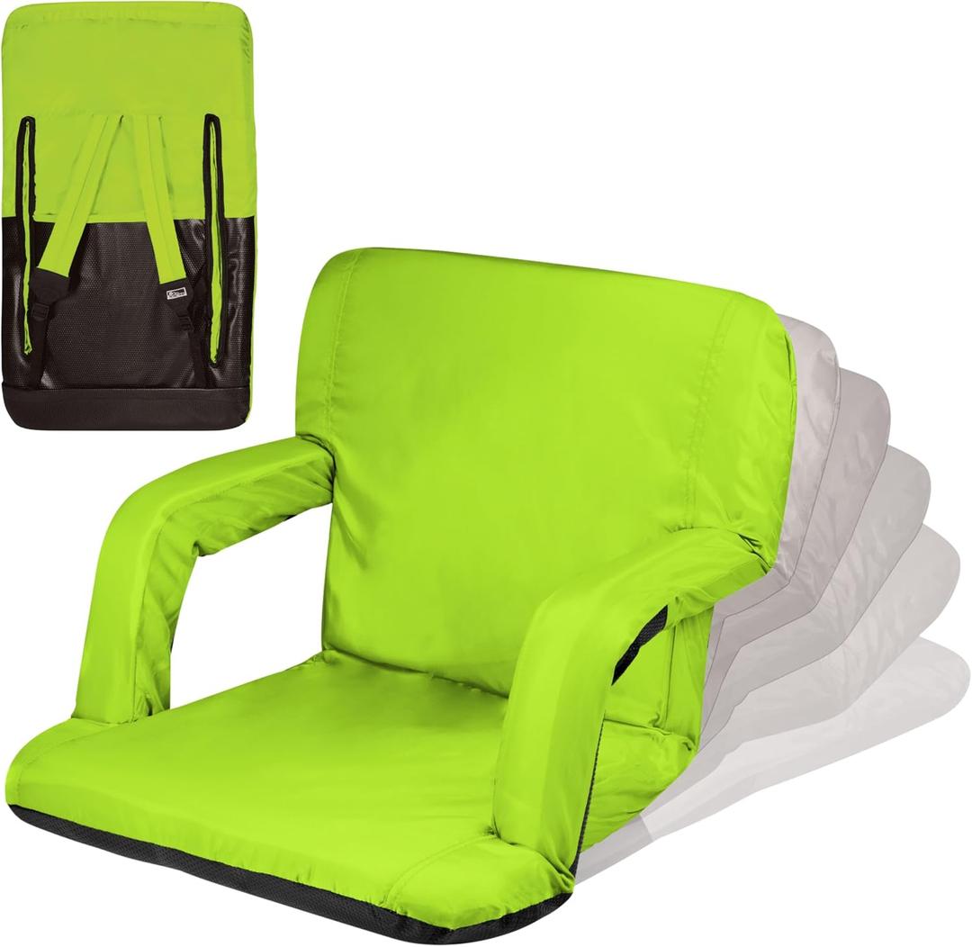 PICNIC TIME Ventura Portable Reclining Stadium Seat with Back Support, Folding Bleacher Chairs with Back and Cushion, Thick Padded Stadium Seat and Armrest and Six Backrest Positions, (Lime Green), Standard