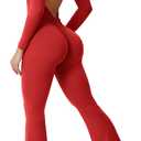 YEOREO One Piece Wide Leg Jumpsuits for Women Workout Long Sleeve Backless Flare Jumpsuit Lizvette Scrunch V Back Yoga Romper (Large, Bright Red)