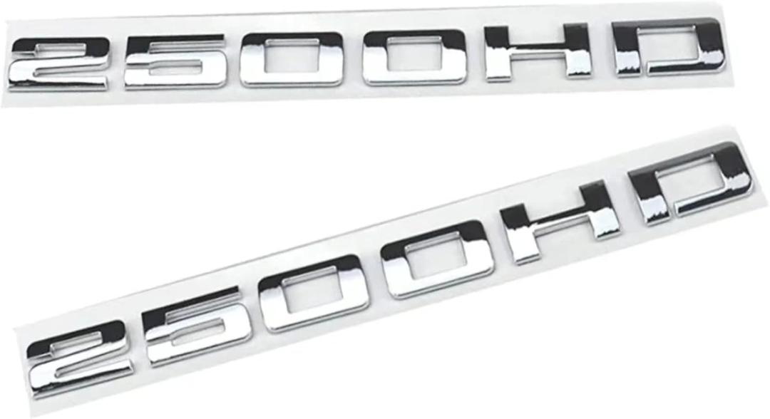 2 Pcs 2500 HD Emblem Decal Sticker Modified Car Hood Door Side Fender Trunk Self-Adhesive Logo Nameplate Rear Badge Logo (Silver)