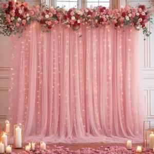 10x10ft Dusty Rose Tulle Backdrop Curtain with Lights String for Parites, Sheer Photo Backdrop Drapes for Wedding Baby Shower Bridal Shower Birthday Party Photo Shoot Background Decorations (10ft x 10ft(2 Panels 5*10ft))
