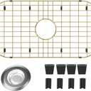 Gold Sink Bottom Rack 26" X 14",Lareg Metal Sink Protector for Kitchen Sink,Stainless Steel Kitchen Sink Grate with Centered Drain Hole, Kitchen Sink Grid with Strainer for Single Bowl,Corner Radius (26"L X 14"W, 5.1",Gold)