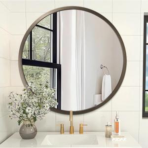 Wall Mirror Small Round Bathroom Mirror Metal Brushed Framed Rounded Corner Ative Hanging Mirror for Living Room Bedroom Entryway Farmhouse Caffee 16 inch 