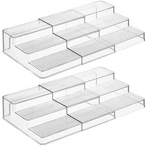 mDesign Plastic Spice/Food Kitchen Expandable Cabinet Shelf Organizer, 3 Tier Storage, Compact Caddy Rack for Cupboards, Refrigerator Holds Spices/Herb Bottles - Lumiere Collection - 2 Pack - Clear