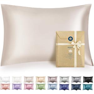 Bedsure Satin Pillowcase with Zipper, Similar to Silk Pillow Cases 2 Pack, Silky & Soft Satin Pillow Case Standard Size for Hair and Skin, Christmas Room Decor Gifts for Women Men, Beige, 20x26 Inches