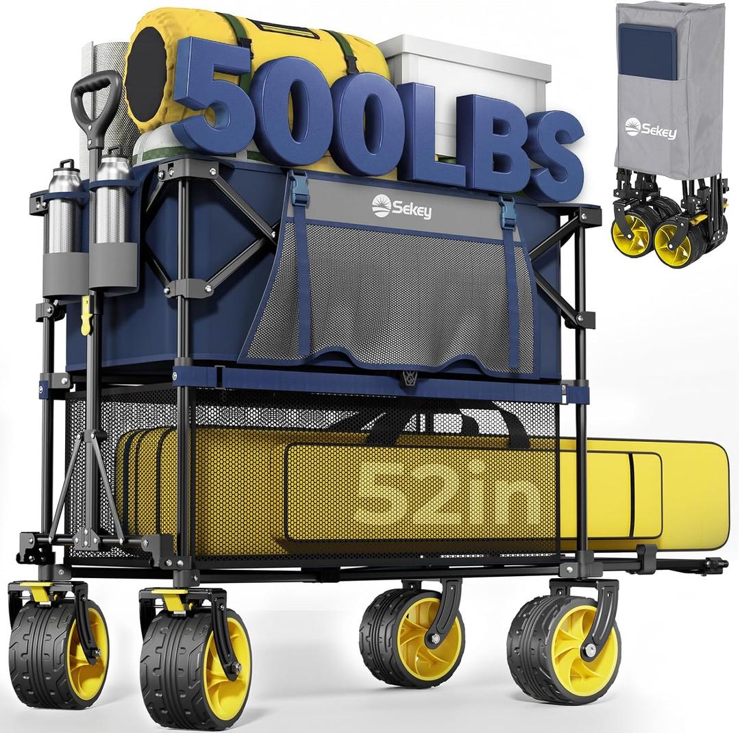 Sekey 500LBS Heavy Duty Double Decker Wagon with Extender, 400L Large Capacity Collapsible Garden Cart Fits 10x10 Canopy, All-Terrain Big Wheels with Brakes, Foldable Utility Wagon for Sports, Camping