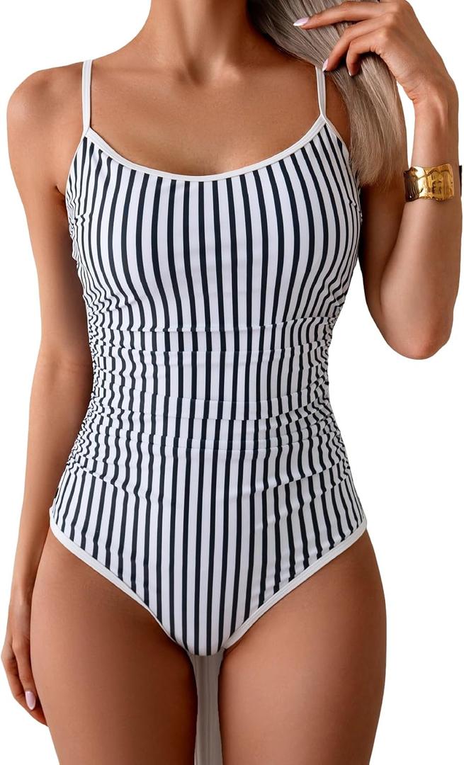 Eomenie Women's One Piece Swimsuit Tummy Control Slimming Bathing Suit Color Block Spaghetti Strap 1 Piece Swim Suit Swimwear (White, M)