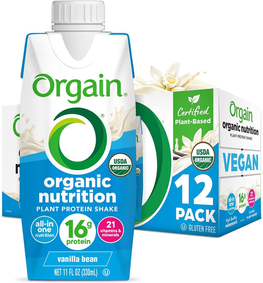 Orgain Organic Nutritional Vegan Protein Shake, Vanilla Bean - 16g Plant Based Protein, Meal Replacement, 21 Vitamins & Minerals, Fruits & Vegetables, Gluten Free, Non-GMO, 11 Fl Oz (Pack of 12)