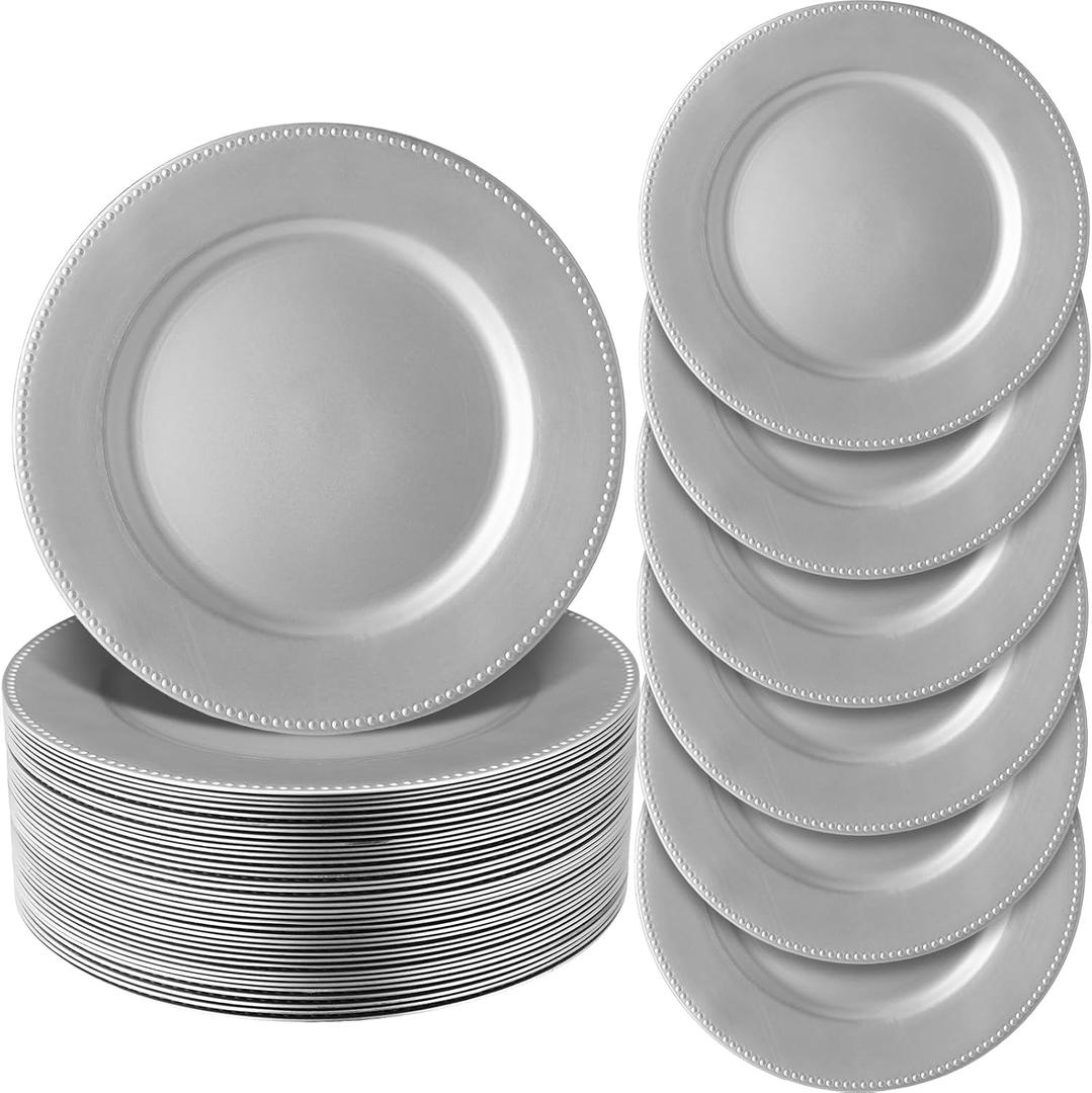 Jinei 36 Pack Silver Charger Plates 13 Inch Plastic Beaded Round Charger Plates Wedding Table Decoration Reusable Dinner Plate Tray for Birthday Party Holiday Event