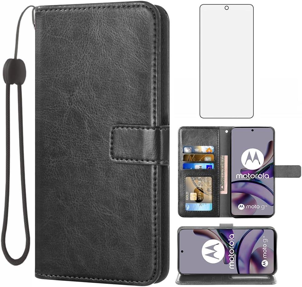 Compatible with Motorola Moto G53 5G/G13/G23 Wallet Case Tempered Glass Screen Protector and Leather Flip Cover Card Holder Stand Cell Accessories Phone Cases for G 13 23 4G 53G 53 Women Men Black