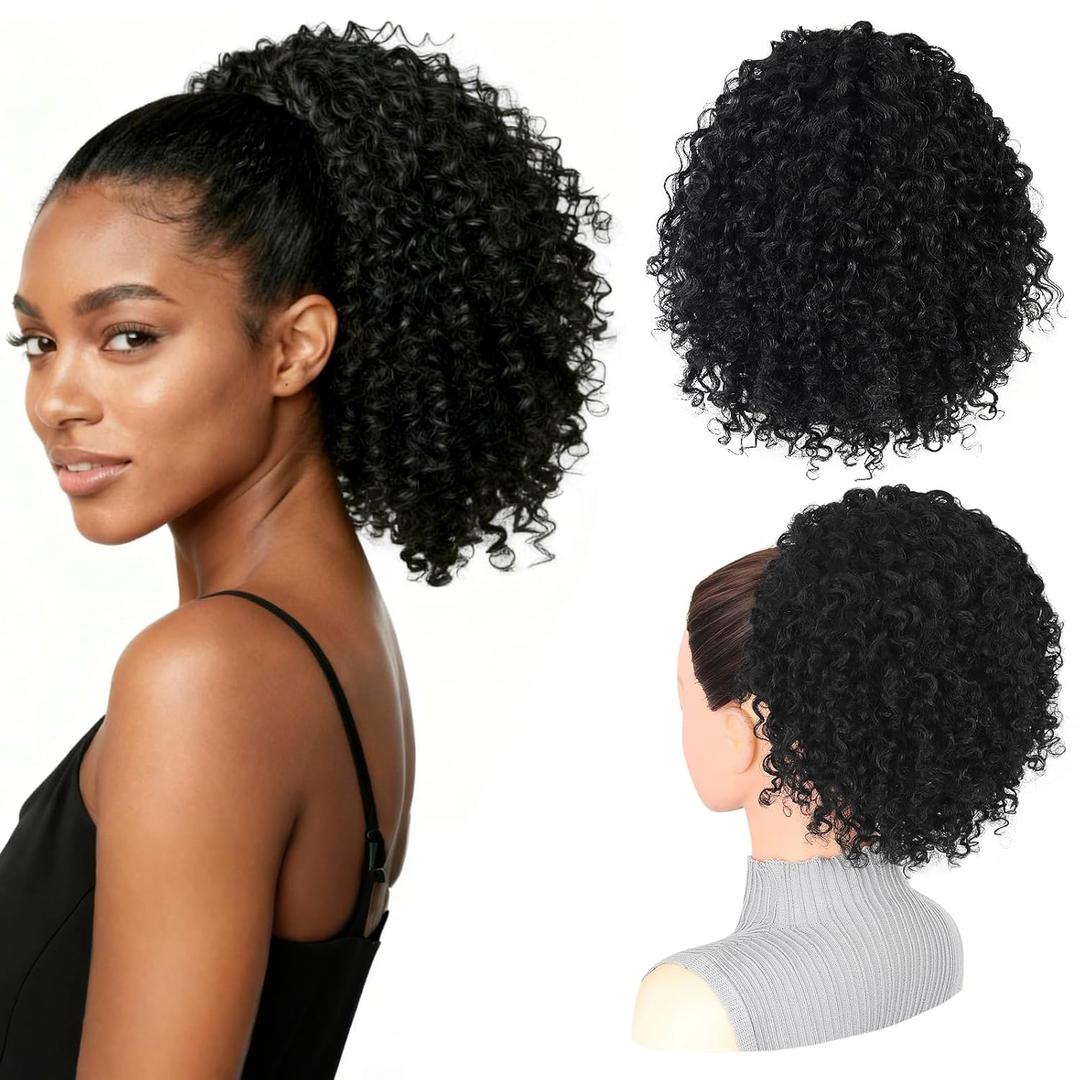 LEEONS Drawstring Ponytail for Black Women, 10 Inch Afro Kinky Curly Updo Hair Piece with 4 Secure Clips, Soft Texture for Daily & Party Wear (1B Natural Black)
