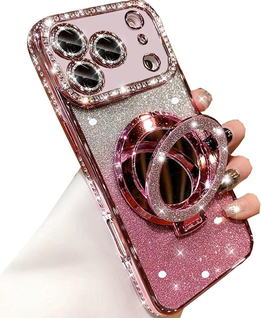 Magnetic Kickstand Glitter Case for iPhone 17 Pro,[Compatible with Magsafe] Cute Bling Sparkly Rhinestone with Camera Lens Protector&Makeup Mirror Women Girls Case for iPhone 17 Pro 6.3",Pink