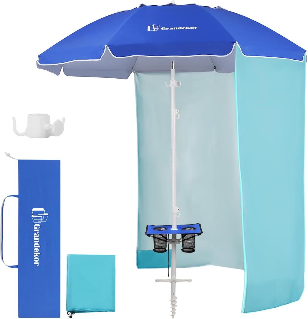 Grandekor 7FT Beach Umbrellas for Sand Heavy Duty Wind Portable Beach Umbrella with Table and Sun Shade Travel Beach Umbrella with Carry Bag Sun Umbrella Beach,UV 50+