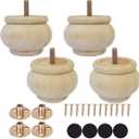 2 Inch Wooden Furniture Legs, Solid Wood Unpainted Replacement Furniture Legs, Ottoman/Loveseat Replacement Legs, Cabinet Legs/Desk/Sofa/Bookcase Round Bun Feet Set of 4 (2 Inch)