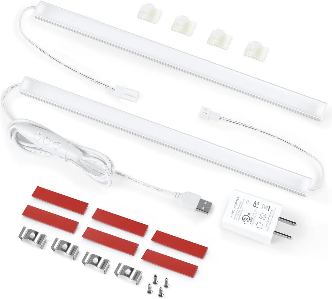 Litever Plug Under Cabinet Light Kit with Power Adapter, Dimmer, 2 pcs 12 Inch USB LED Light Bars. Dimmable Linkable for Kitchen Counter, Workbench, Coffee Station, Workspace, Closet. Daylight 5000K