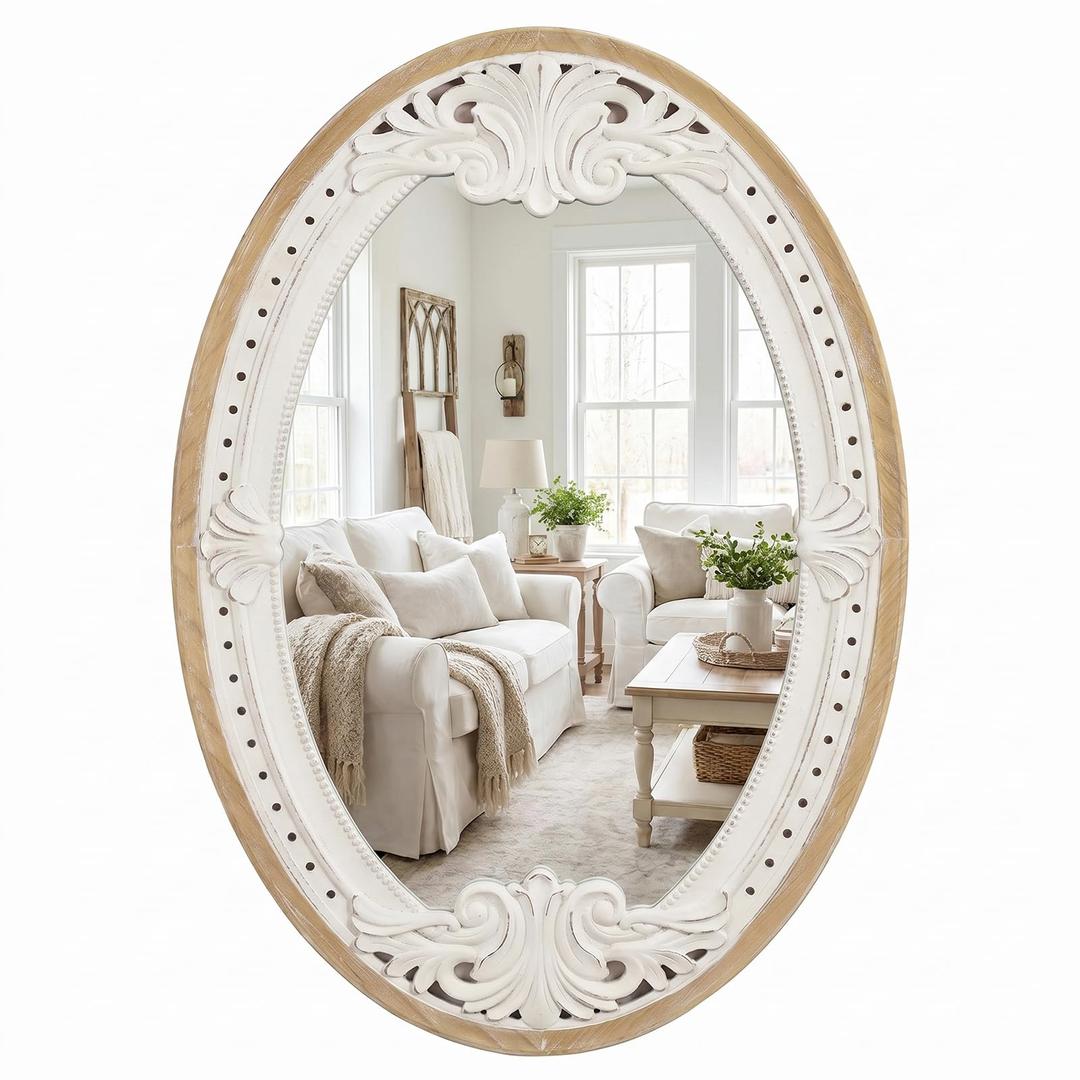 H HOMEWINS Oval Mirrors for Wall,20x30 Oval Wooden Rustic Farmhouse Carved Antique Boho Nature Vintage Decorative Mirror for Bedroom, Bathroom, Living Room,Vanity