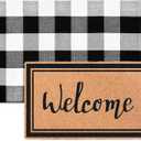 2 PCS Layered Welcome Mat Set - Brown Coir Doormat (17.7"x 29.5") & Black White Buffalo Plaid Outdoor Rug (23.6" x 35.4"), Non-Slip Farmhouse Entryway Front Porch Decor